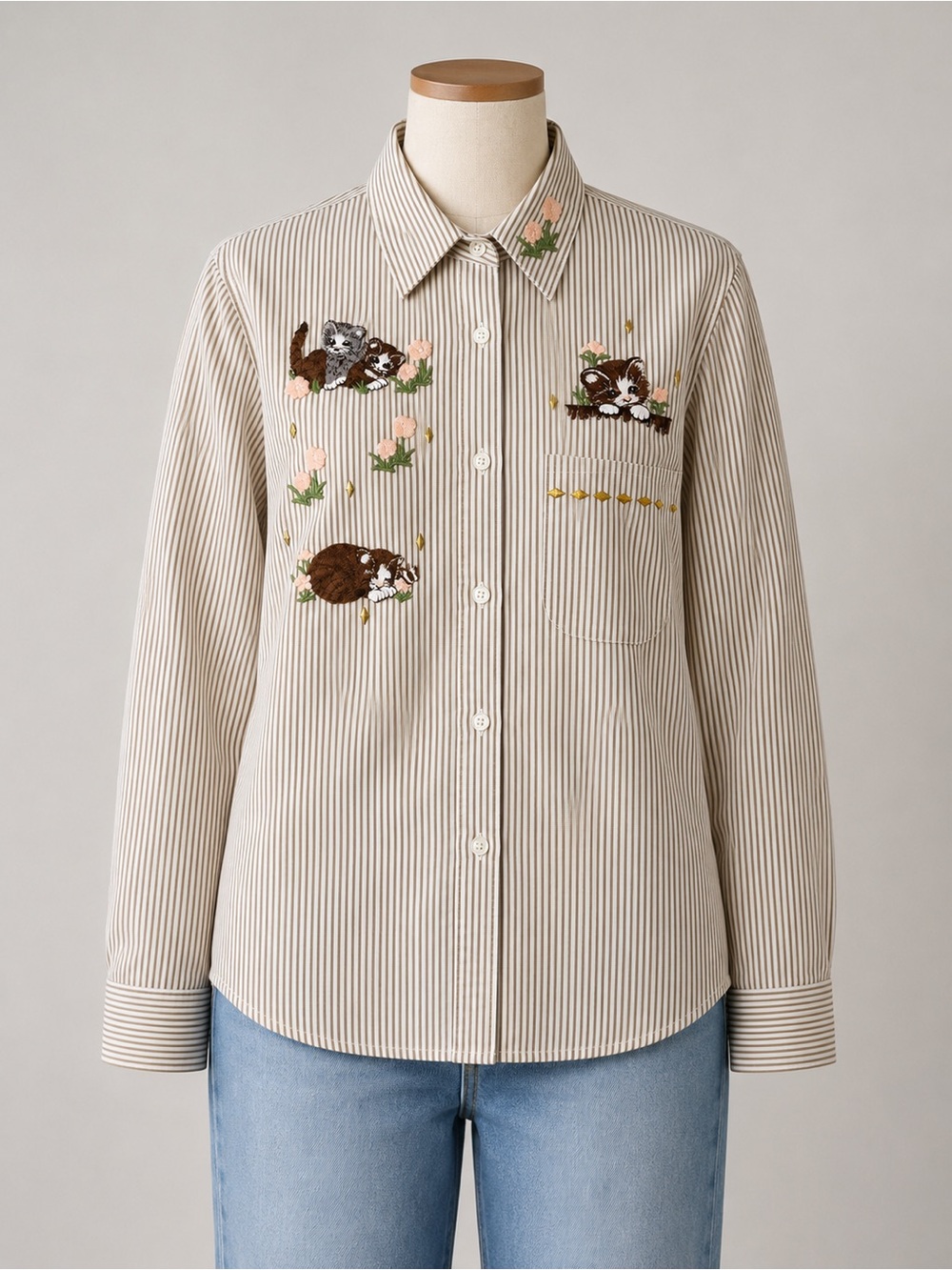 Vintage Las Olas Embroidered Cat Button-up Shirt Novelty Cottagecore
